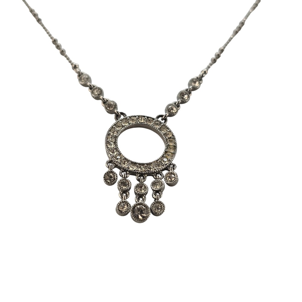 Monet Silver Tone Rhinestone Circle Drop Pendant Bead Chain Necklace Jewely